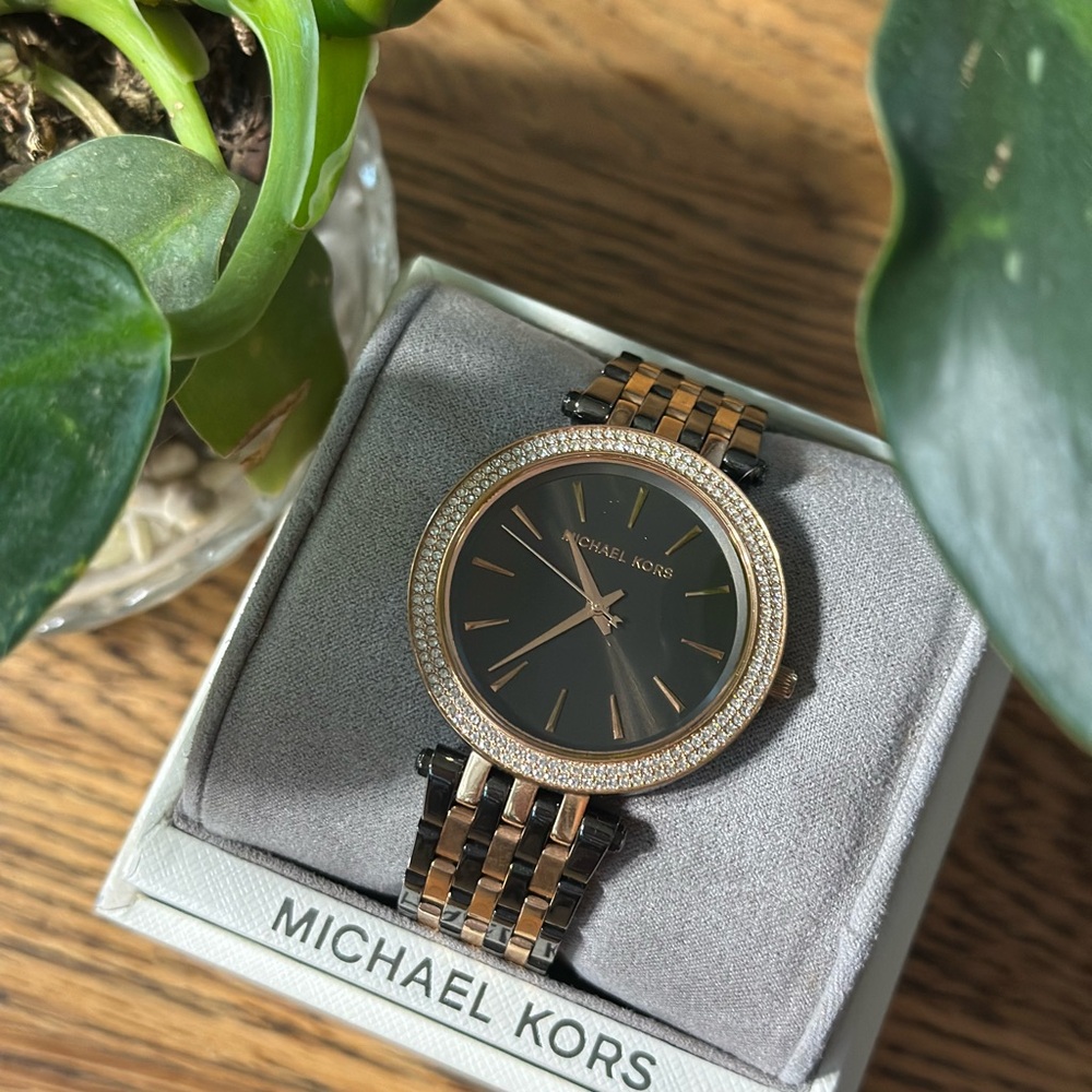 Michael Kors Rose Gold and Black Crystal Watch (Darci- MK-3584)